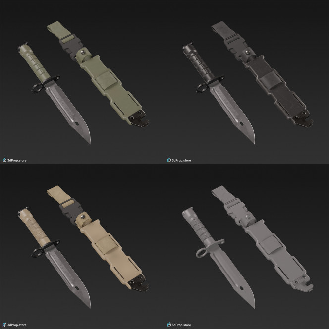 3D model of a modern military bayonet with three different color variations, with a sheath, with a built-in sharpener and a handle made of impact-resistant polymer, from 2020, USA.