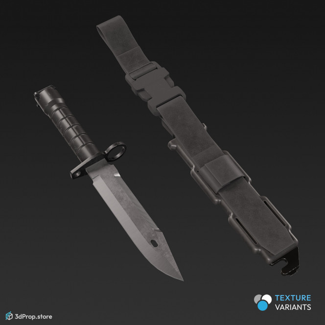 3D model of a modern military bayonet with three different color variations, with a sheath, with a built-in sharpener and a handle made of impact-resistant polymer, from 2020, USA.