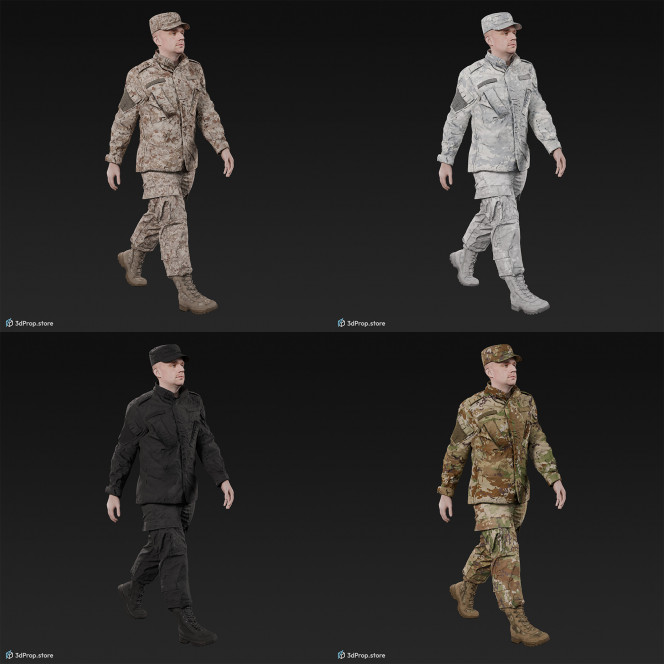 3D model of a walking cadet in military uniform with four camouflage pattern variations, from 2020, USA.