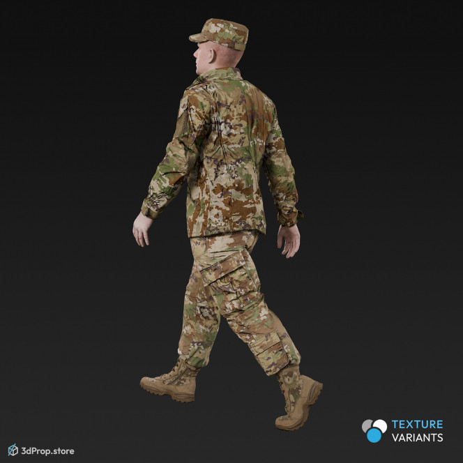 3D model of a walking cadet in military uniform with four camouflage pattern variations, from 2020, USA.