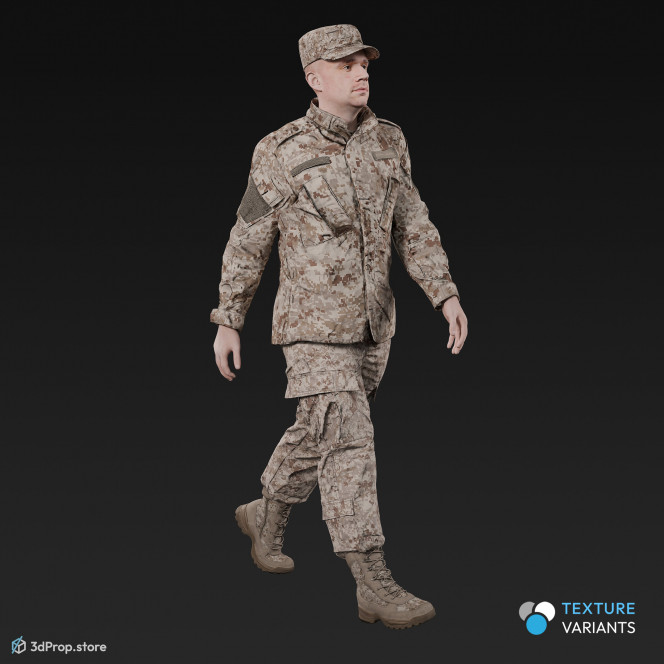 3D model of a walking cadet in military uniform with four camouflage pattern variations, from 2020, USA.