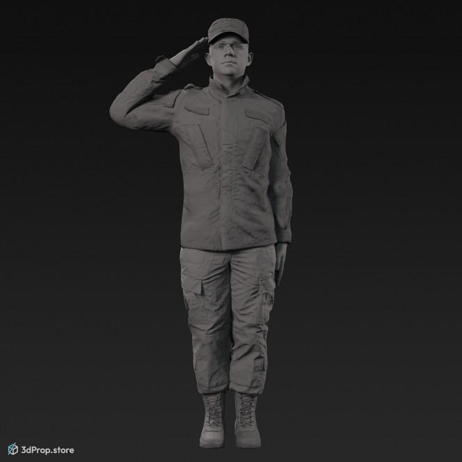 3D model of a saluting cadet in military uniform with four camouflage pattern variations, from 2020, USA.