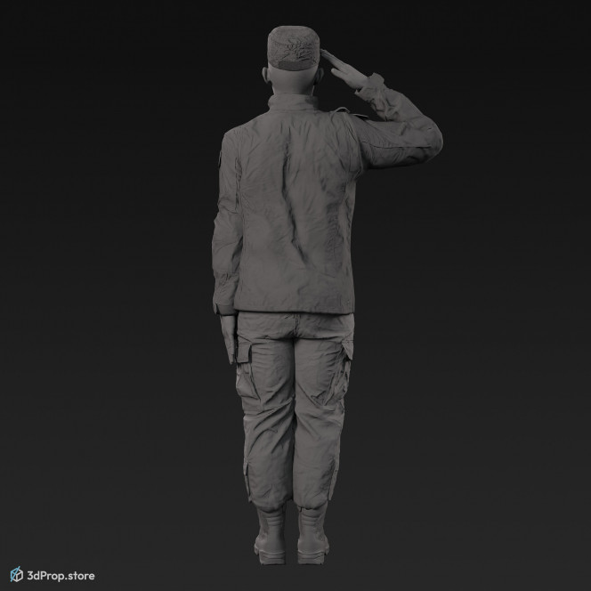 3D model of a saluting cadet in military uniform with four camouflage pattern variations, from 2020, USA.