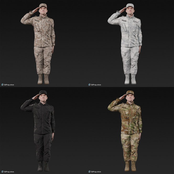 3D model of a saluting cadet in military uniform with four camouflage pattern variations, from 2020, USA.