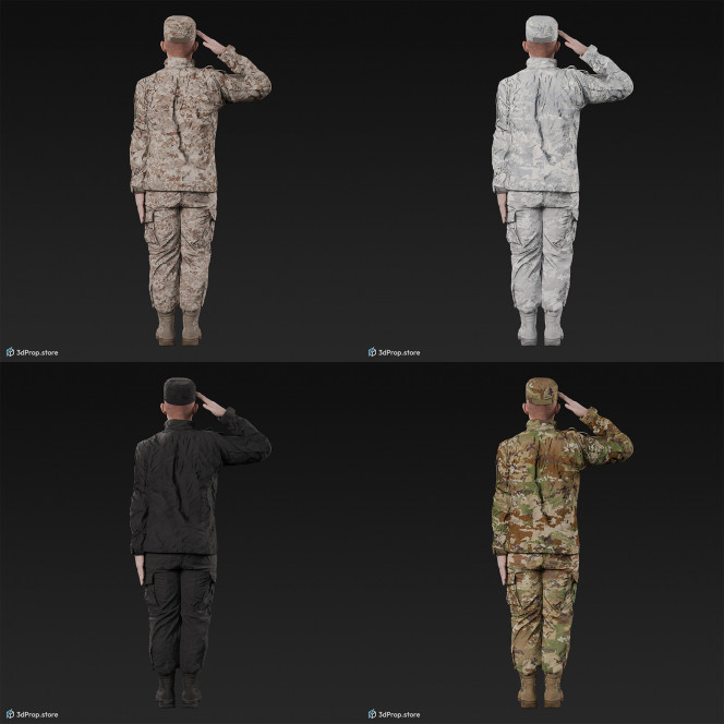 3D model of a saluting cadet in military uniform with four camouflage pattern variations, from 2020, USA.