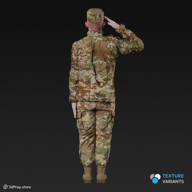 3D model of a saluting cadet in military uniform with four camouflage pattern variations, from 2020, USA.