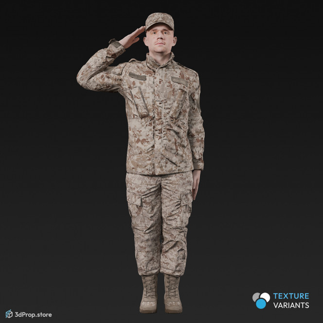 3D model of a saluting cadet in military uniform with four camouflage pattern variations, from 2020, USA.