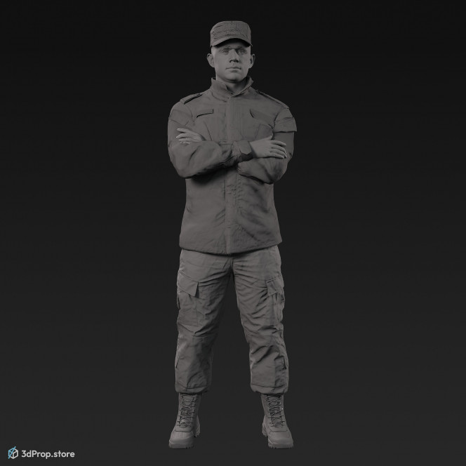 3D model of a standing cadet with arms crossed in military uniform with four camouflage pattern variations, from 2020, USA.