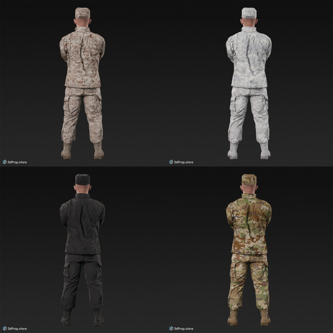 3D model of a standing cadet with arms crossed in military uniform with four camouflage pattern variations, from 2020, USA.