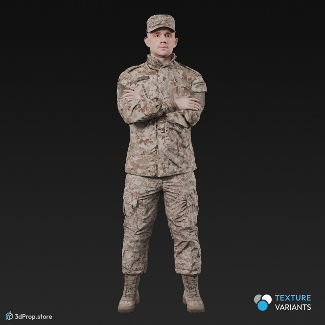 3D model of a standing cadet with arms crossed in military uniform with four camouflage pattern variations, from 2020, USA.