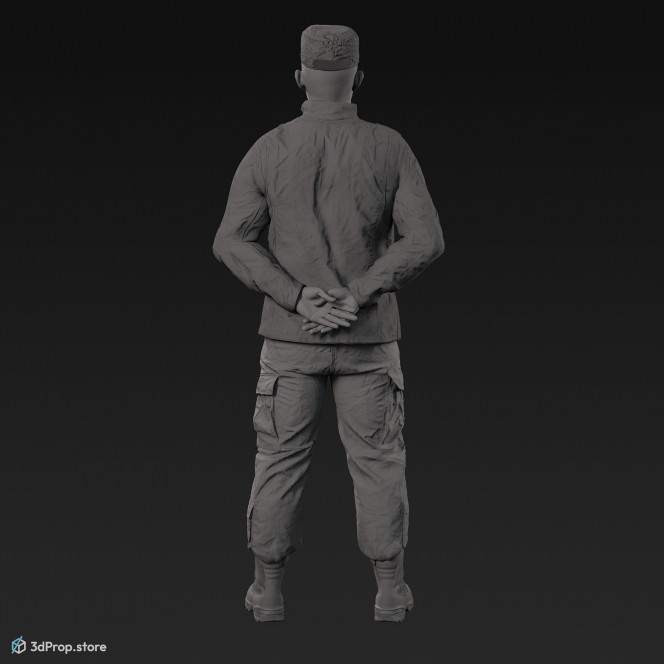 3D model of a standing cadet in military uniform with four camouflage pattern variations, from 2020, USA.