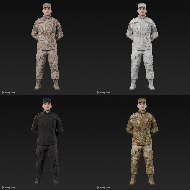 3D model of a standing cadet in military uniform with four camouflage pattern variations, from 2020, USA.