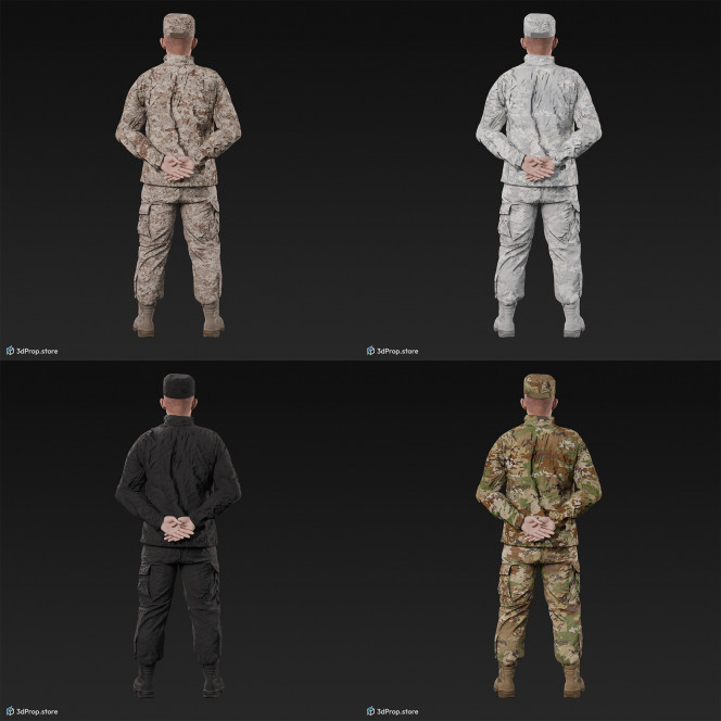 3D model of a standing cadet in military uniform with four camouflage pattern variations, from 2020, USA.