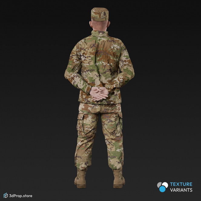 3D model of a standing cadet in military uniform with four camouflage pattern variations, from 2020, USA.