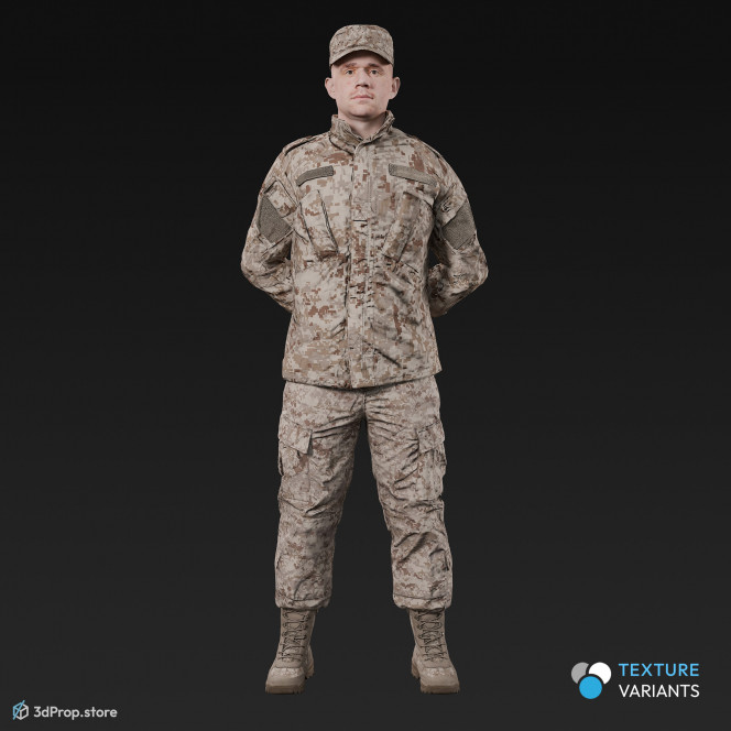3D model of a standing cadet in military uniform with four camouflage pattern variations, from 2020, USA.