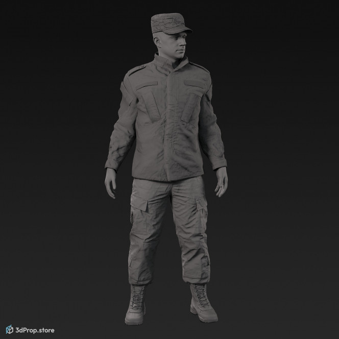 3D model of a stading cadet in military uniform with four camouflage pattern variations, from 2020, USA.