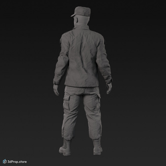 3D model of a stading cadet in military uniform with four camouflage pattern variations, from 2020, USA.