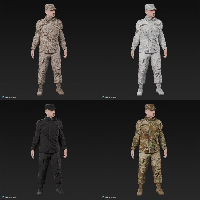 3D model of a stading cadet in military uniform with four camouflage pattern variations, from 2020, USA.