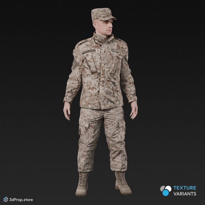 3D model of a stading cadet in military uniform with four camouflage pattern variations, from 2020, USA.