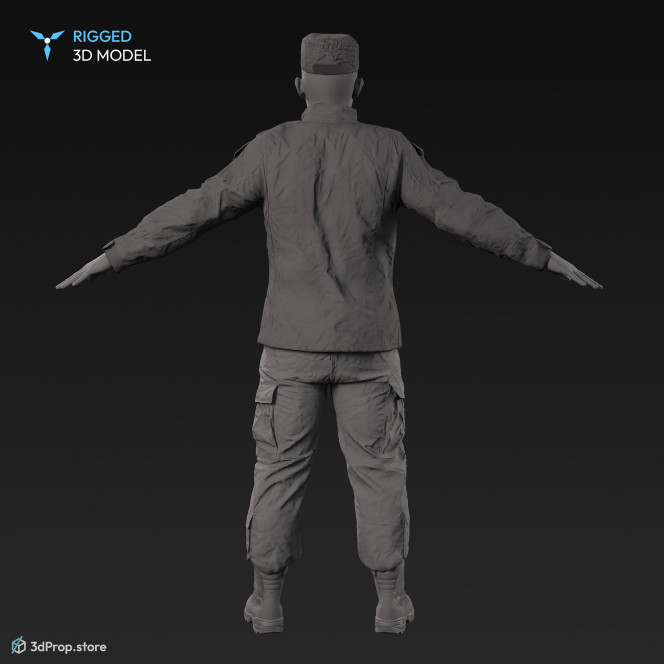 3D scan of a male soldier, in four different camouflage patterned military uniform and cap, standing in an A-pose, from 2020, USA. His uniform made of cotton, polyester and nylon.