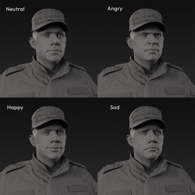 3D scan of a male soldier, in four different camouflage patterned military uniform and cap, standing in an A-pose, from 2020, USA. His uniform made of cotton, polyester and nylon.