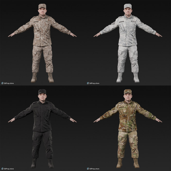 3D scan of a male soldier, in four different camouflage patterned military uniform and cap, standing in an A-pose, from 2020, USA. His uniform made of cotton, polyester and nylon.