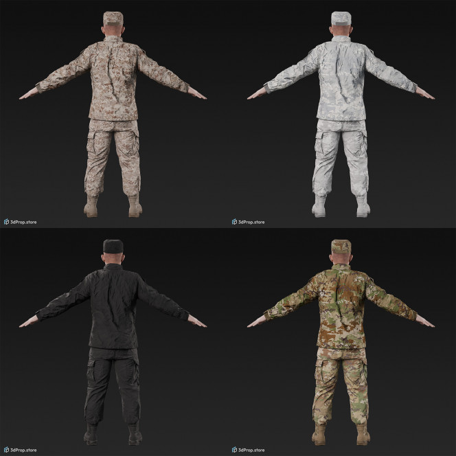 3D scan of a male soldier, in four different camouflage patterned military uniform and cap, standing in an A-pose, from 2020, USA. His uniform made of cotton, polyester and nylon.
