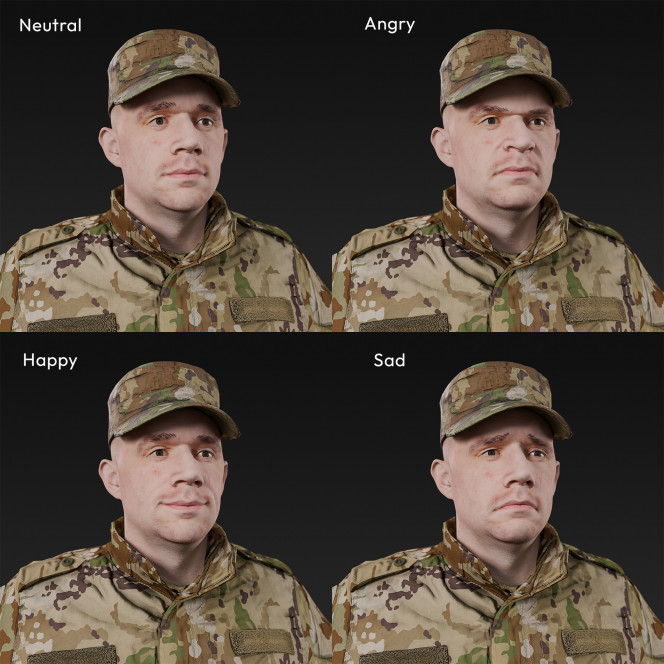 3D scan of a male soldier, in four different camouflage patterned military uniform and cap, standing in an A-pose, from 2020, USA. His uniform made of cotton, polyester and nylon.