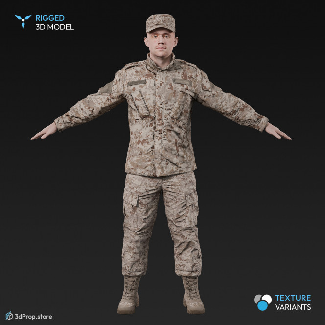 3D scan of a male soldier, in four different camouflage patterned military uniform and cap, standing in an A-pose, from 2020, USA. His uniform made of cotton, polyester and nylon.
