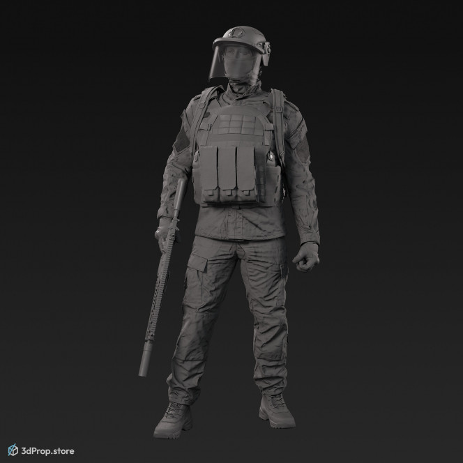 3D model of a standing soldier in military uniform with four camouflage pattern variations, while holding a weapon with one hand, next to his body, from 2020, USA.