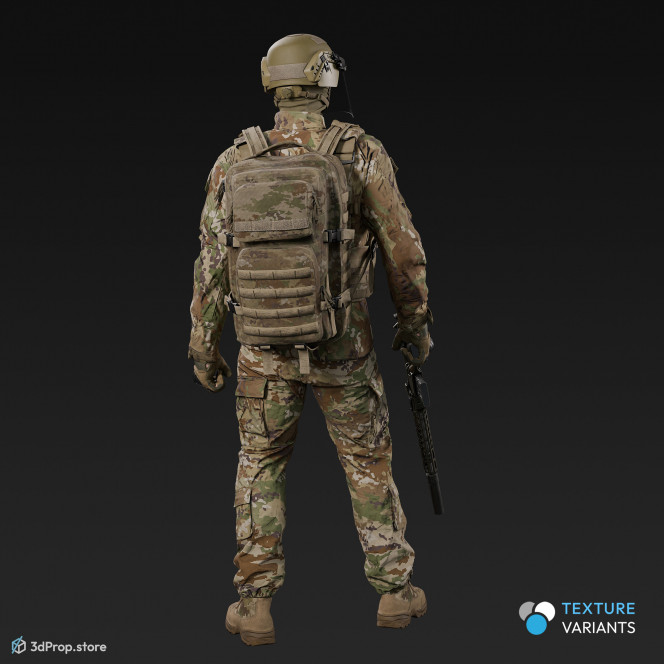 3D model of a standing soldier in military uniform with four camouflage pattern variations, while holding a weapon with one hand, next to his body, from 2020, USA.