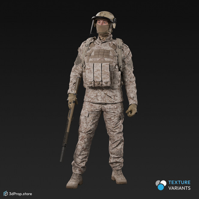 3D model of a standing soldier in military uniform with four camouflage pattern variations, while holding a weapon with one hand, next to his body, from 2020, USA.