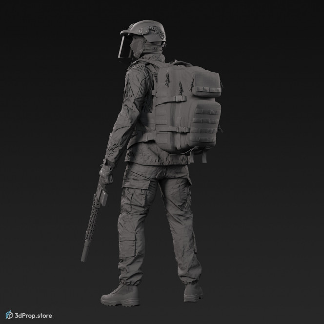 3D model of a soldier character in modern military uniform with four camouflage pattern variations.