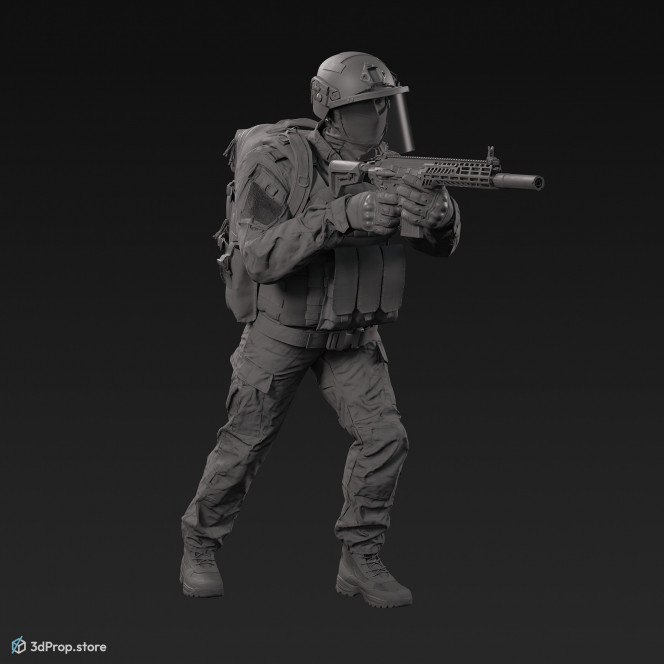 3D model of a standing soldier in an aiming pose, pointing his weapon in front of him, while wearing military uniform with four camouflage pattern variations, from 2020, USA.