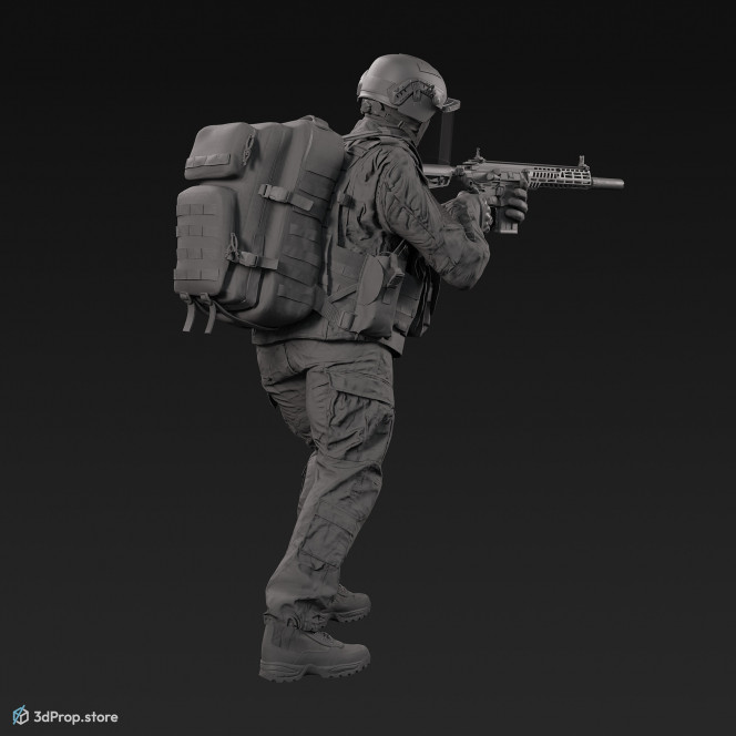 3D model of a standing soldier in an aiming pose, pointing his weapon in front of him, while wearing military uniform with four camouflage pattern variations, from 2020, USA.