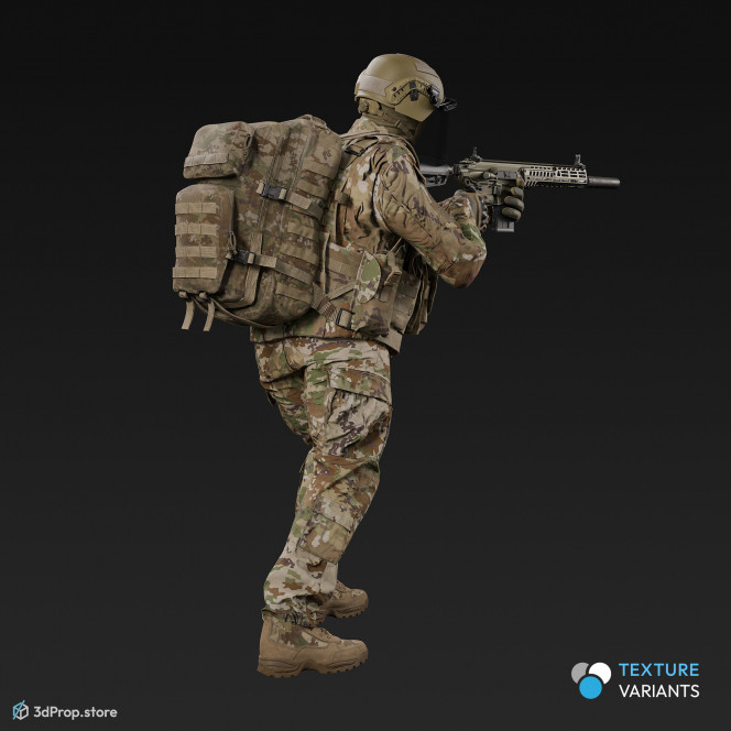 3D model of a standing soldier in an aiming pose, pointing his weapon in front of him, while wearing military uniform with four camouflage pattern variations, from 2020, USA.