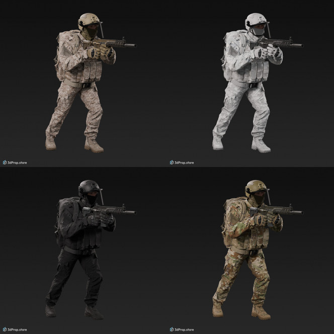 3D model of a standing soldier in an aiming pose, pointing his weapon in front of him, while wearing military uniform with four camouflage pattern variations, from 2020, USA.