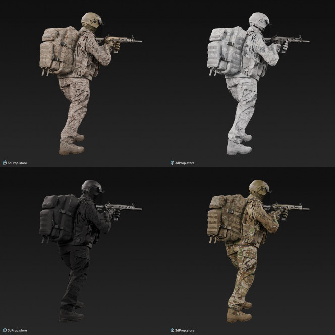 3D model of a standing soldier in an aiming pose, pointing his weapon in front of him, while wearing military uniform with four camouflage pattern variations, from 2020, USA.