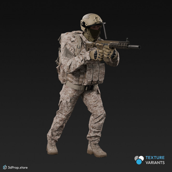 3D model of a standing soldier in an aiming pose, pointing his weapon in front of him, while wearing military uniform with four camouflage pattern variations, from 2020, USA.