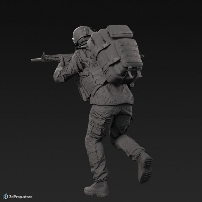 3D model of soldier character in modern US military uniform. Running and holding his weapon ready to shoot.