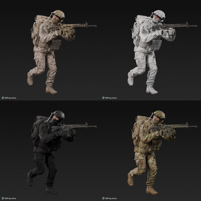 3D model of soldier character in modern US military uniform. Running and holding his weapon ready to shoot.
