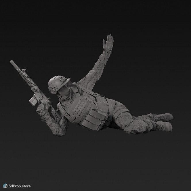 3D model of a soldier laying on the ground, leaning on one elbow, while with his other arm is signalling backwards to his teammates and wearing military uniform with four camouflage pattern variations, from 2020, USA.