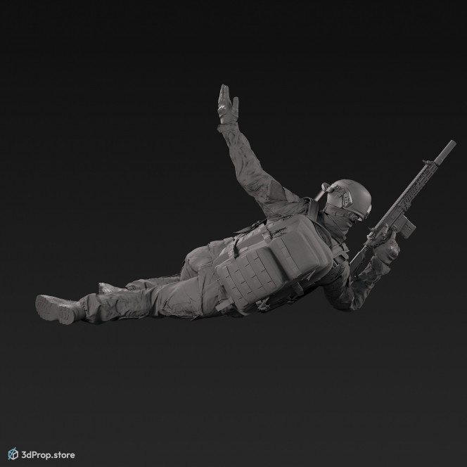 3D model of a soldier laying on the ground, leaning on one elbow, while with his other arm is signalling backwards to his teammates and wearing military uniform with four camouflage pattern variations, from 2020, USA.