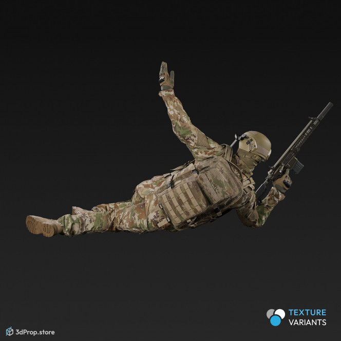3D model of a soldier laying on the ground, leaning on one elbow, while with his other arm is signalling backwards to his teammates and wearing military uniform with four camouflage pattern variations, from 2020, USA.