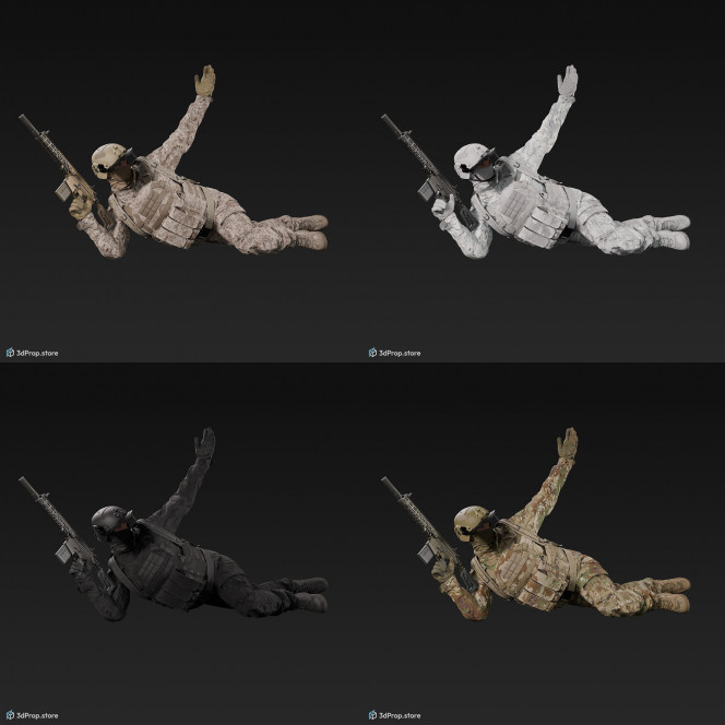 3D model of a soldier laying on the ground, leaning on one elbow, while with his other arm is signalling backwards to his teammates and wearing military uniform with four camouflage pattern variations, from 2020, USA.