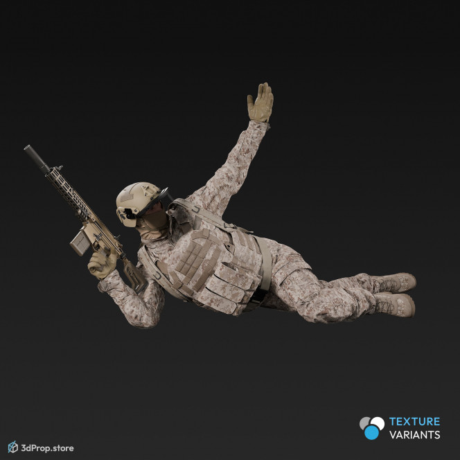 3D model of a soldier laying on the ground, leaning on one elbow, while with his other arm is signalling backwards to his teammates and wearing military uniform with four camouflage pattern variations, from 2020, USA.