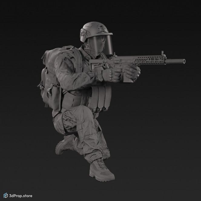 3D model of a sitting soldier, aiming straight ahead with his weapon.