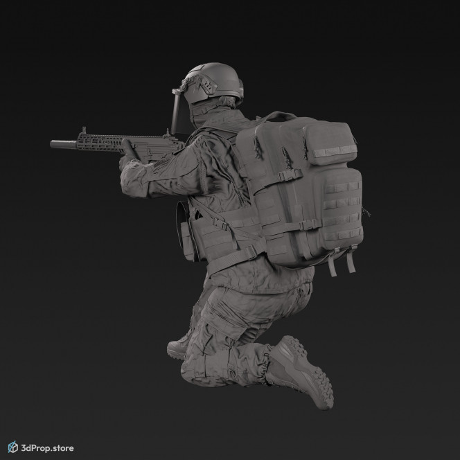 3D model of a sitting soldier, aiming straight ahead with his weapon.