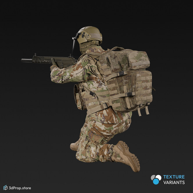 3D model of a sitting soldier, aiming straight ahead with his weapon.