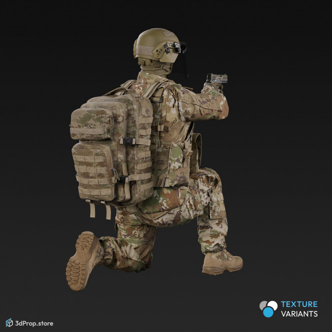 3D model of a kneeling soldier, aiming straight ahead with his weapon.